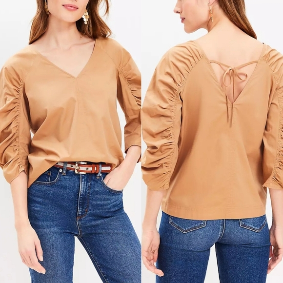 LOFT Pinch Sleeved Camel V-Neck Blouse - Picture 1 of 10